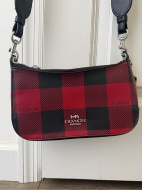 Coach Red & Black Plaid Shoulder Bag with Silver Hardware